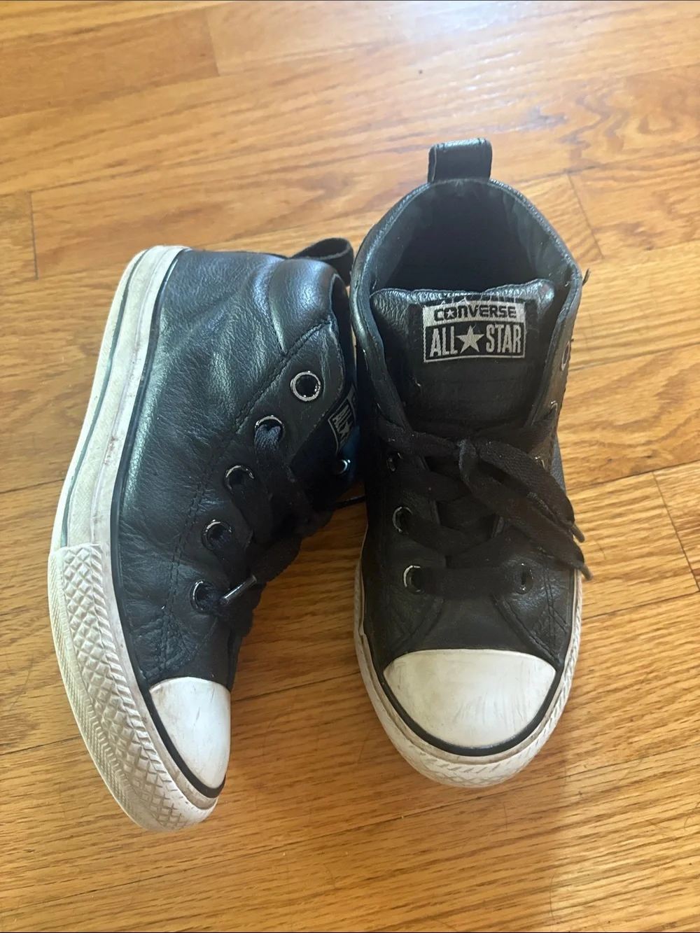 Converse Kids Black Leather High-Top Sneakers with White Toe